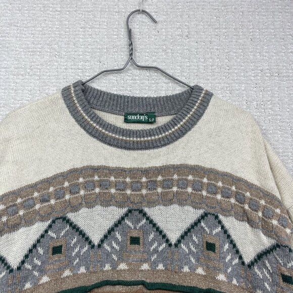 VTG Sunday's Men S Sweater Off-White / Green 3D Knit Wool Blend Canada Made - Picture 2 of 15